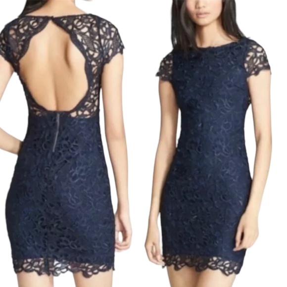 Alice + Olivia Dress 6 Silk Blend Clover Open Back Lace Sapphire Alice + Olivia - Picture 1 of 17